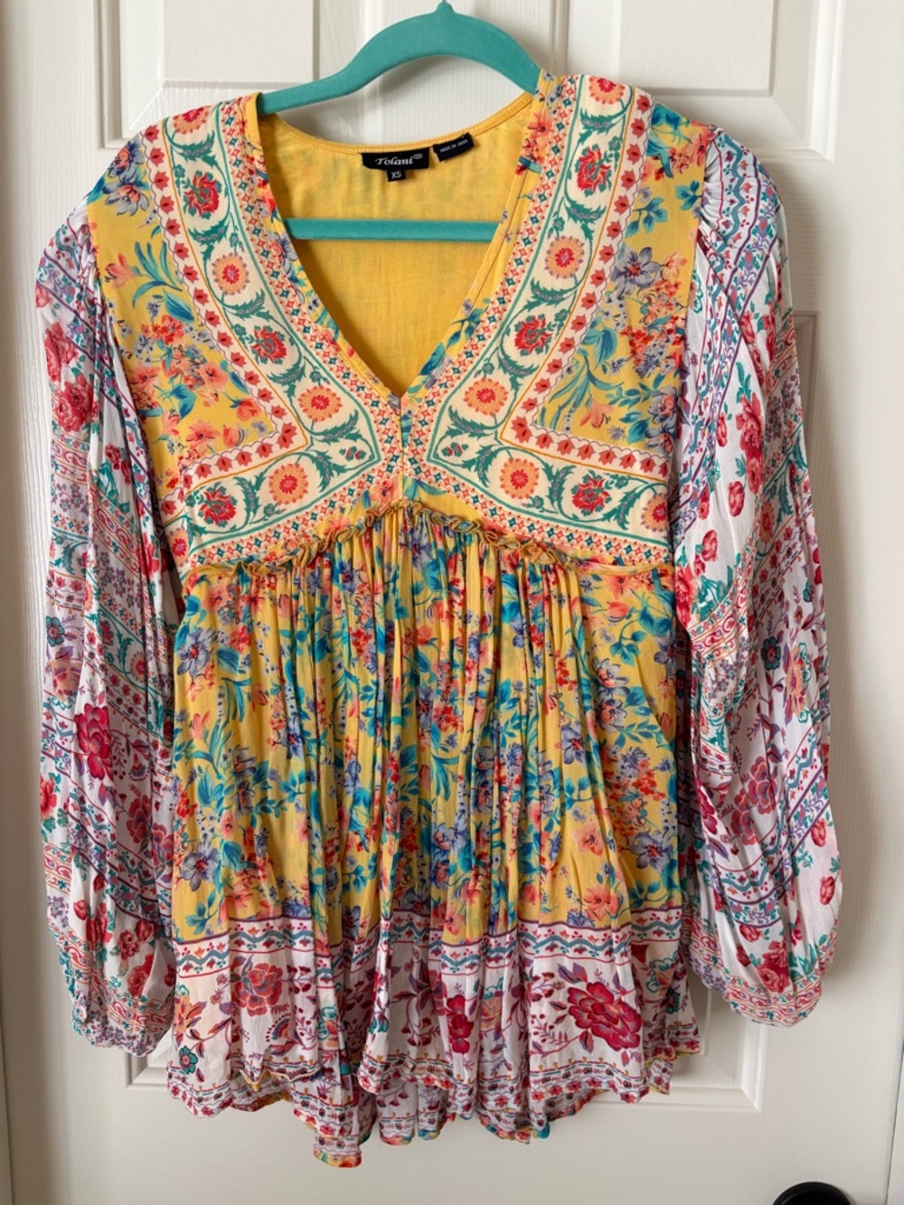Tolani Yellow Multicolor Floral V-Neck Peasant Top